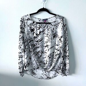 Vince Camuto Twist Front Long Sleeved Blouse Black and White Marble Print